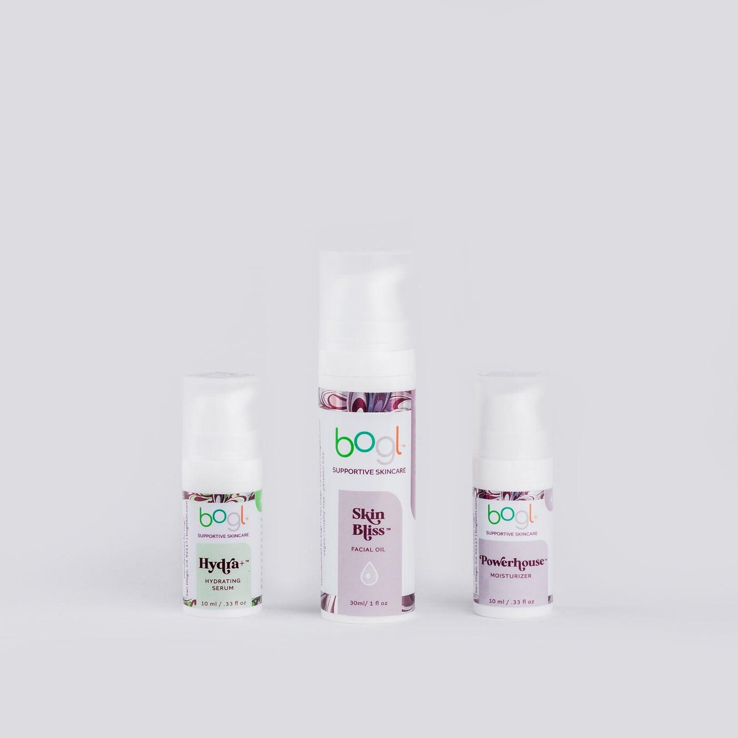 bogl's facial oil, hyaluronic acid and copper peptide moisturizer for dry skin kit in travel sized bottles bottles