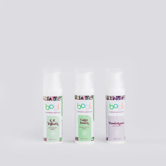 redness reducing kit containing full size c+e trifecta, calm down and powerhouse from boglskin.com on white background