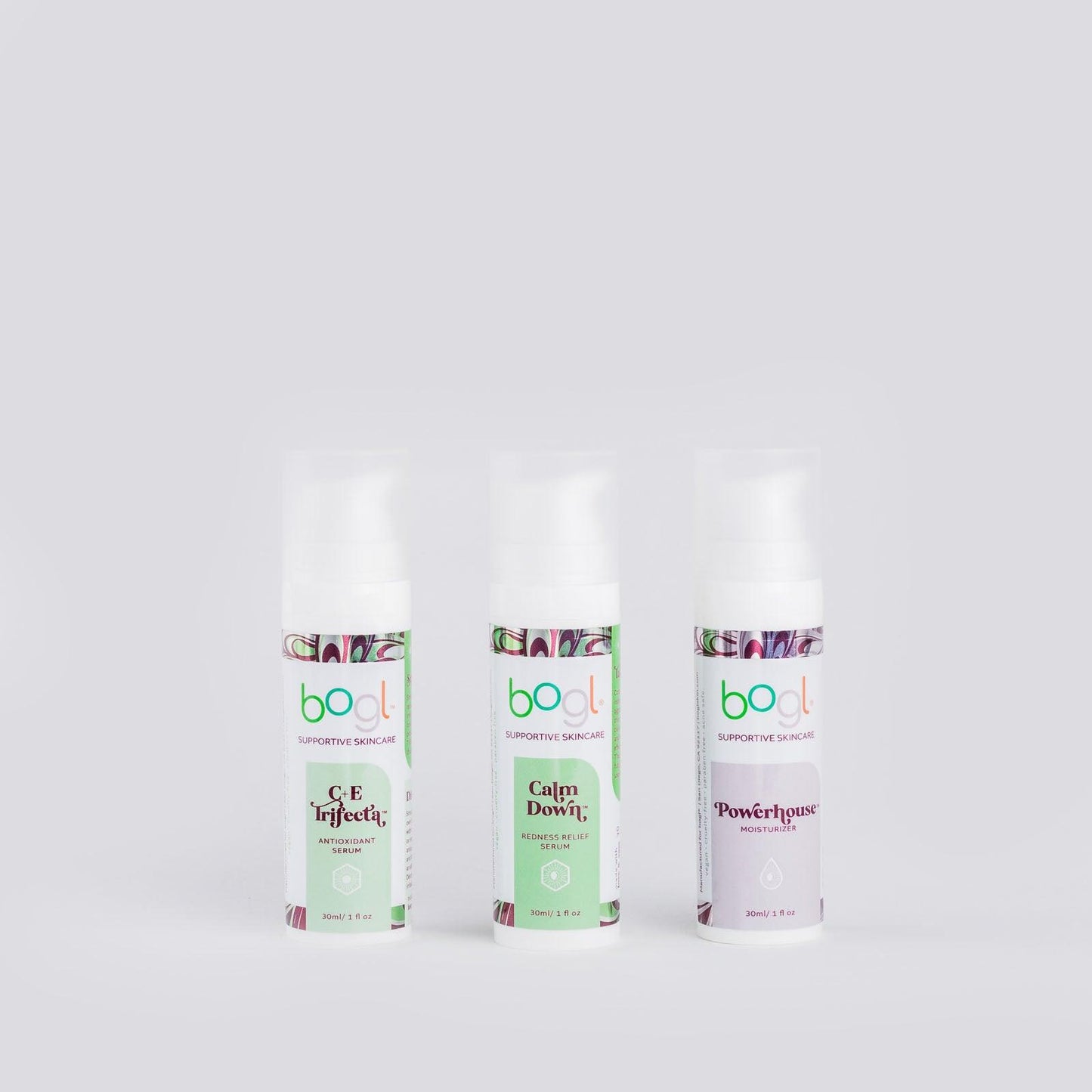 redness reducing kit containing full size c+e trifecta, calm down and powerhouse from boglskin.com on white background