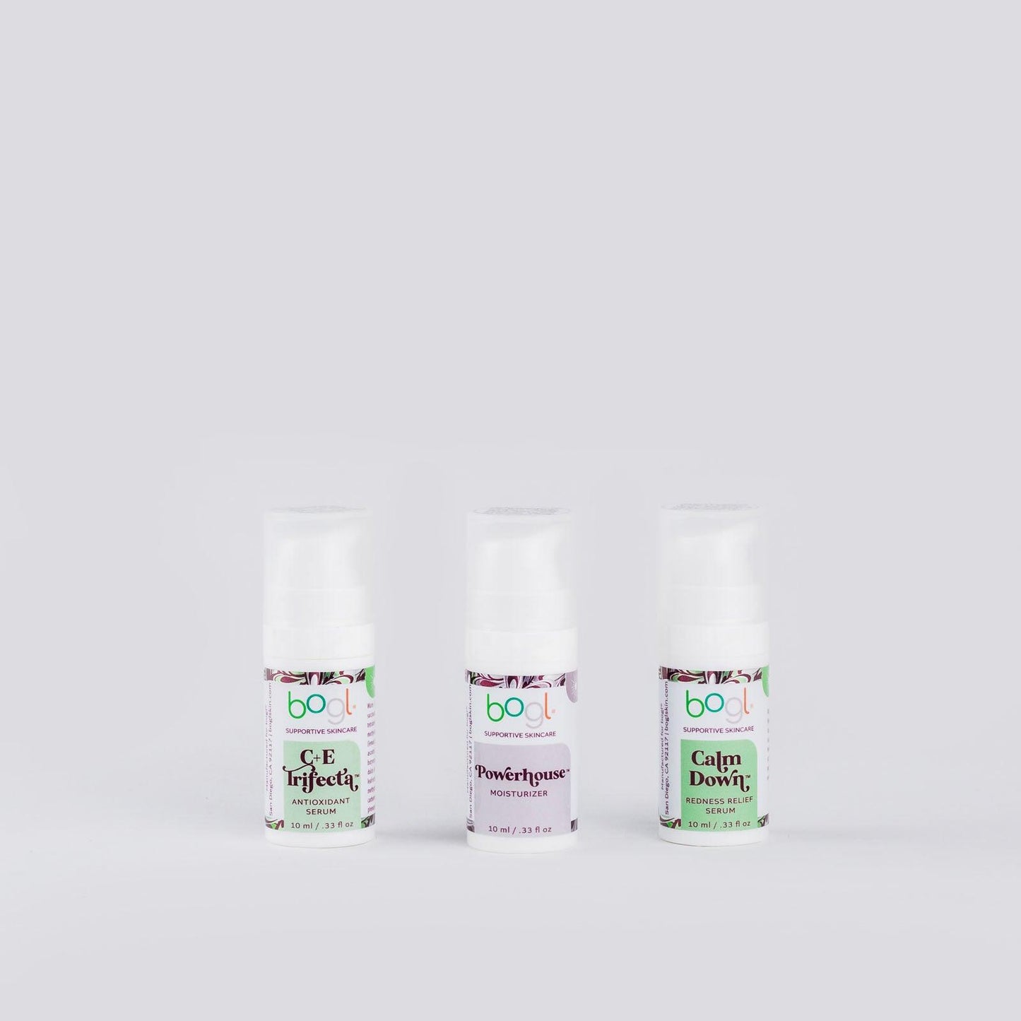 redness reducing kit containing travel size c+e trifecta, calm down and powerhouse from boglskin.com on white background