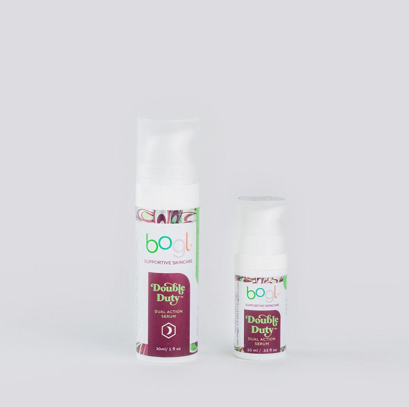 retail and travel size double duty mandelic acid in 1 oz and .33 oz bottles