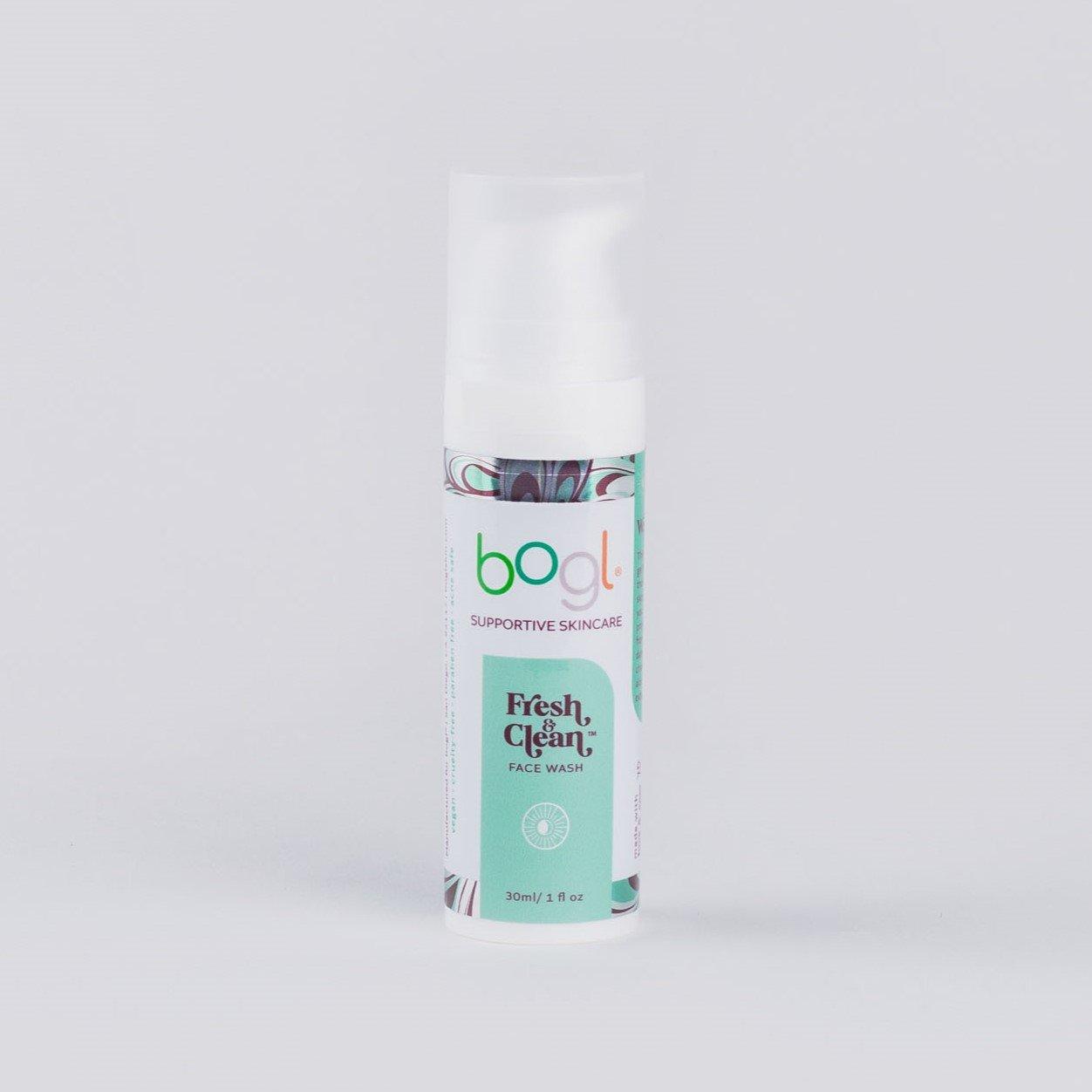 bogl's travel size fresh + clean face wash in 1 oz bottle for normal to oily skin