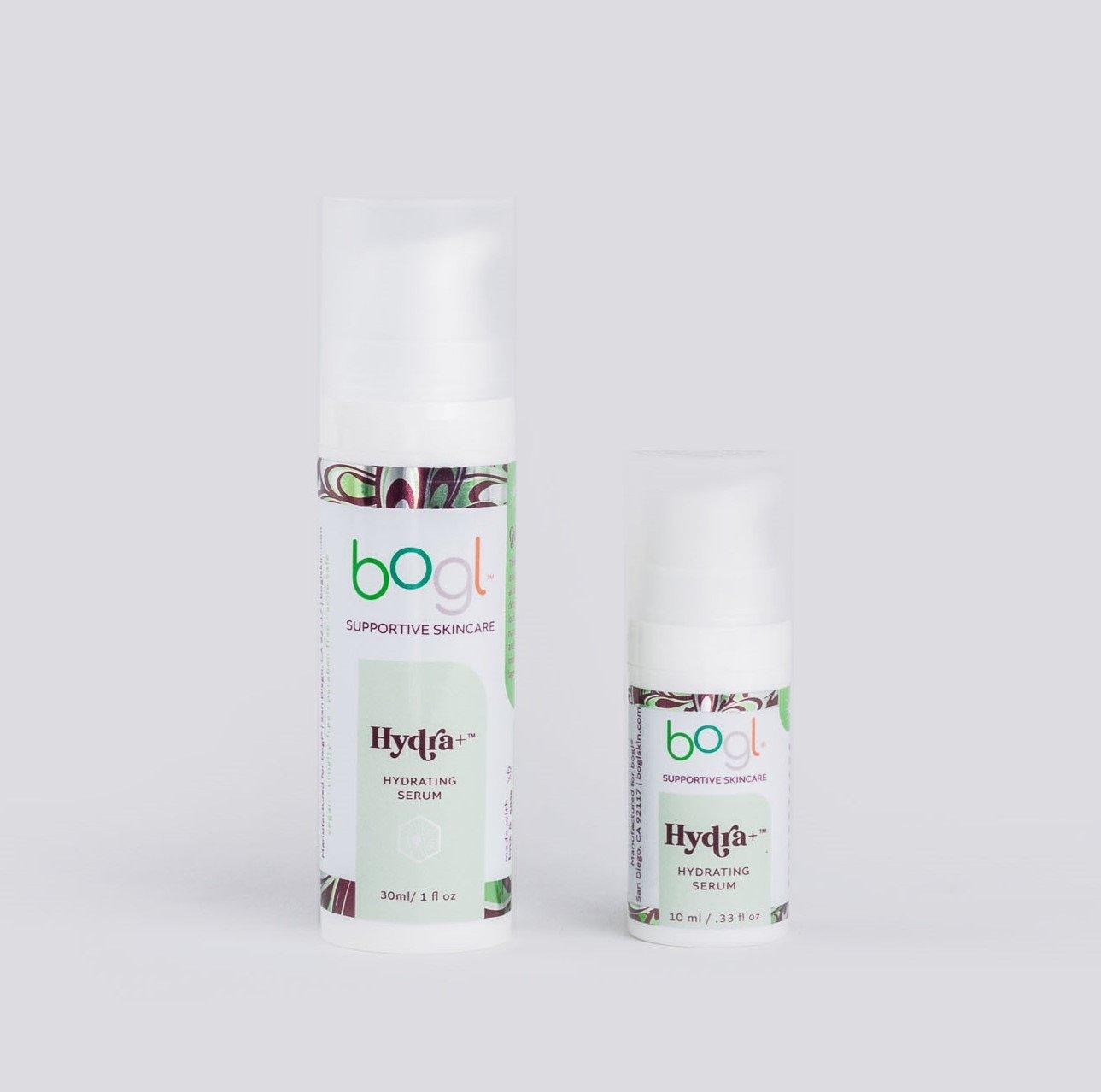 bogl's retail and travel size hydra+ hyaluronic acid for hydrating dry skin in .33 oz and 1 oz bottle
