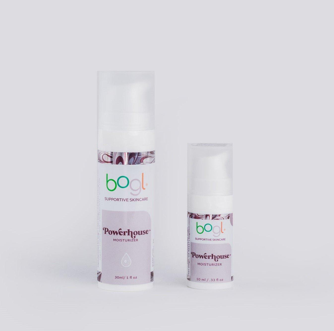 bogl's retail and travel size powerhouse copper peptide  moisturizer for age management in .33 oz and 1oz bottles