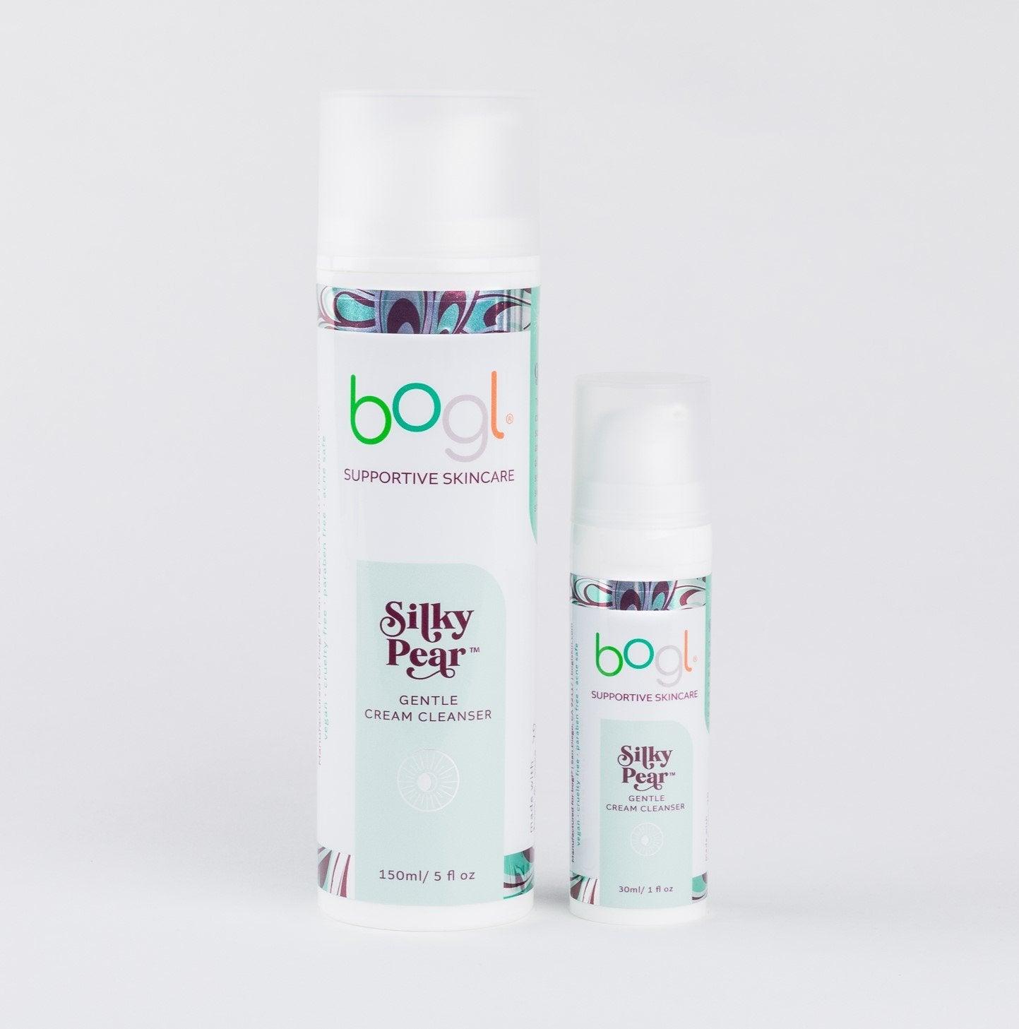 bogl's  retail and travel size silky pear cream cleanser in .1oz and 5oz bottles for dry skin and acne safe.