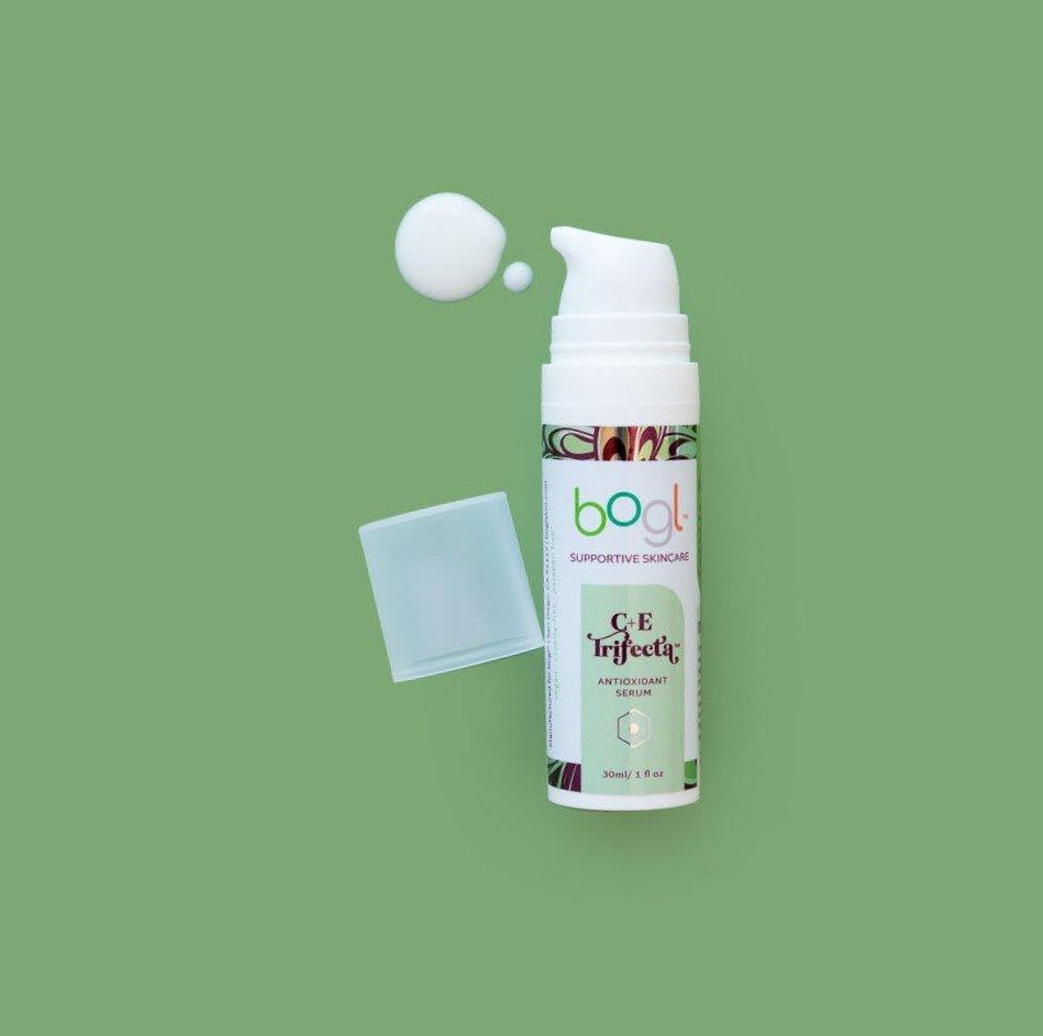 c+e trifecta white product smear on green background of bogl vitamin c for sensitive skin 1 oz size