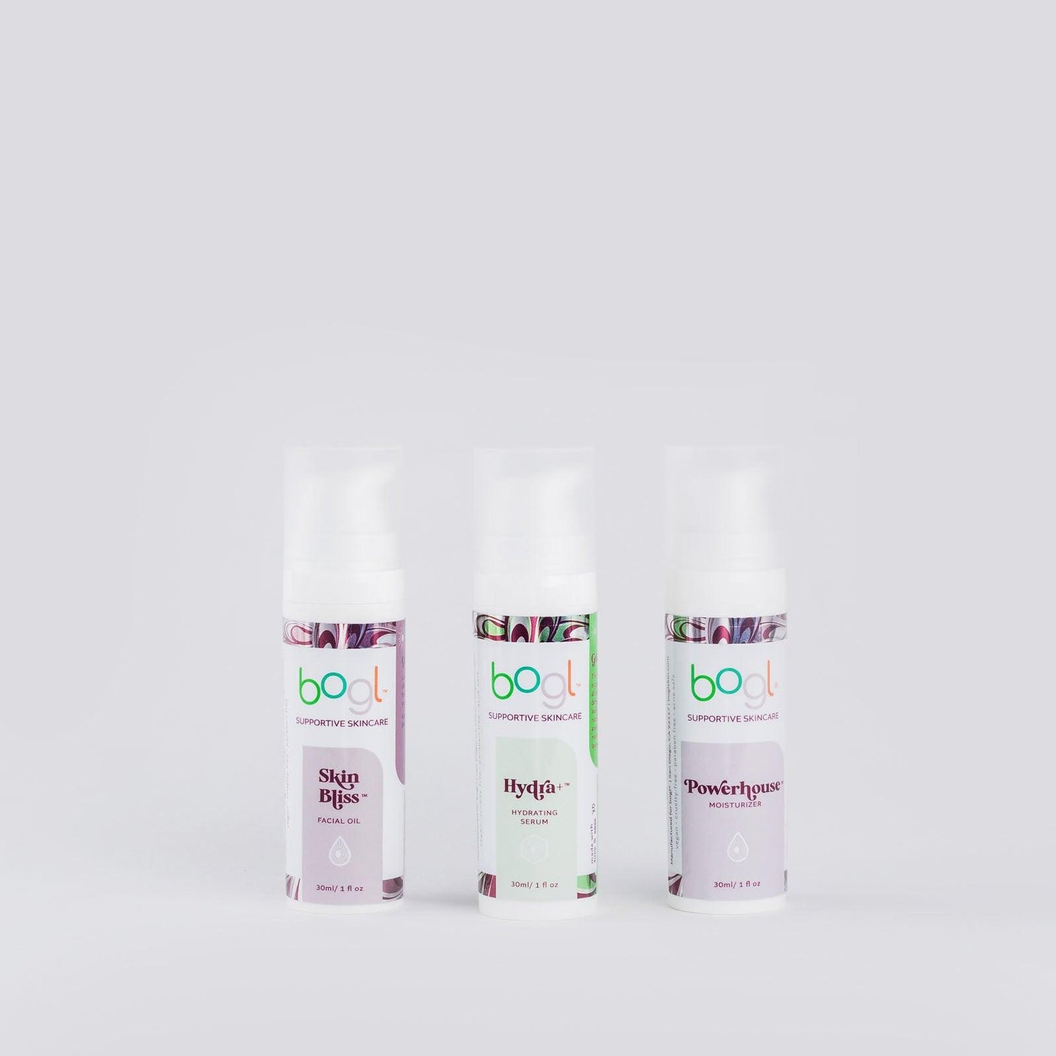 bogl's facial oil, hyaluronic acid and copper peptide moisturizer for dry skin kit in 1 oz bottles